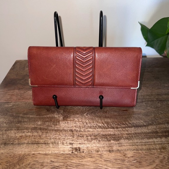 Princess Gardner Leather Checkbook Wallet Clutch Coin Purse Red Brown Gold Trim - Picture 1 of 8